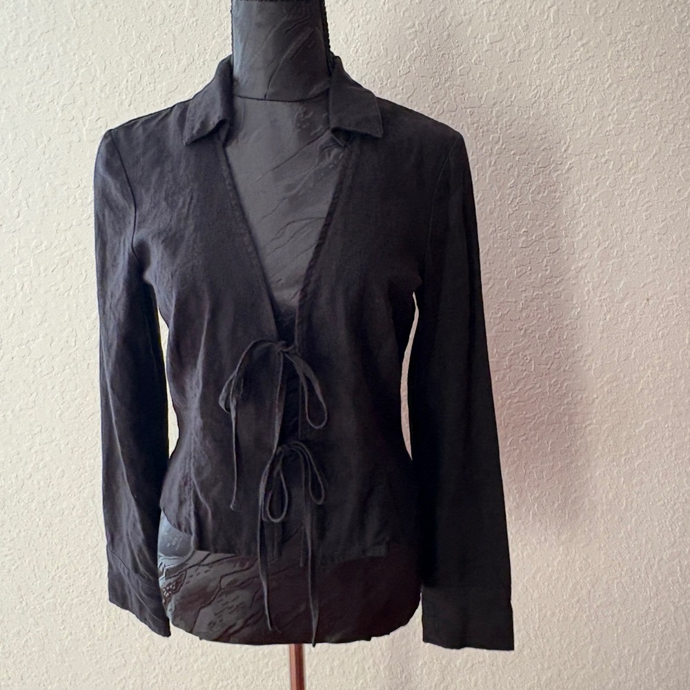 House of Harlow 1960 Black Linen Blend Tie Front Long Sleeve Top Small